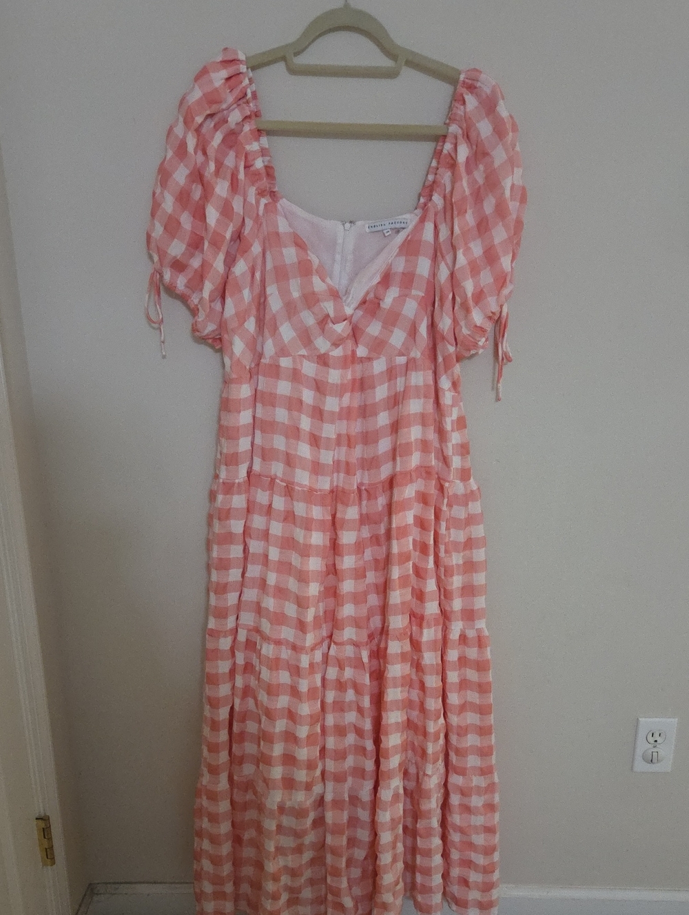 Gingham Puff Sleeve Maxi Dress - Pink & White